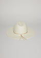 Back of white sun hat with tan tie detail