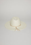 Back of white sun hat with tan tie detail
