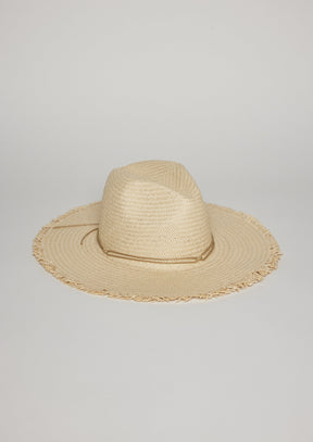 Straw hat with fringe detail and trim