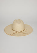Back of fringed sun hat with trim