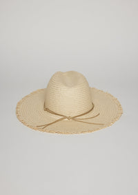 Back of fringed sun hat with trim