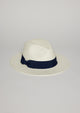 White fedora sun hat with navy ribbon bow detail