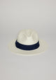 Front view of white straw fedora with navy ribbon bow detail