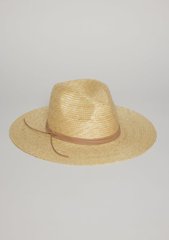 Straw brimmed hat with tan leather detail