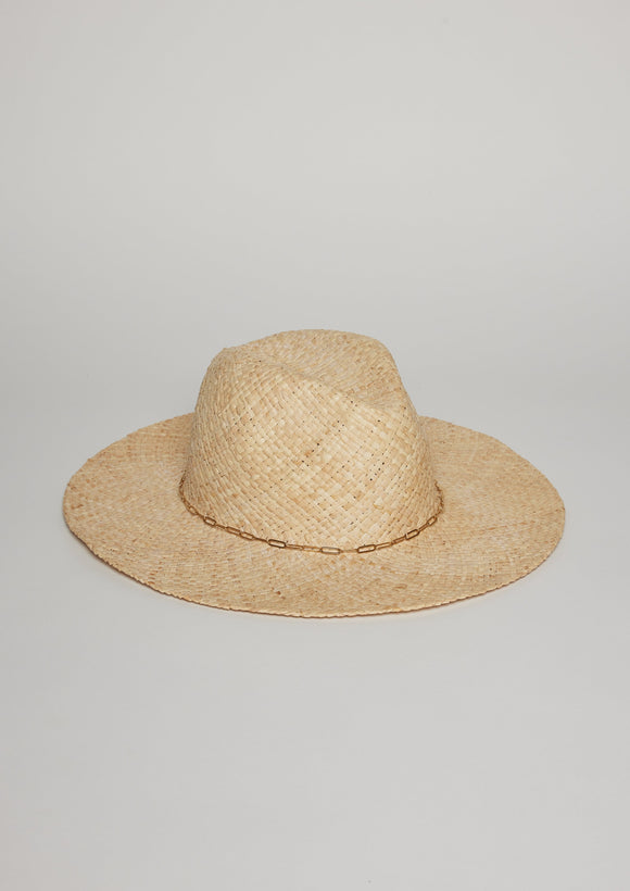 Woven raffia straw hat with metal chainlink detail