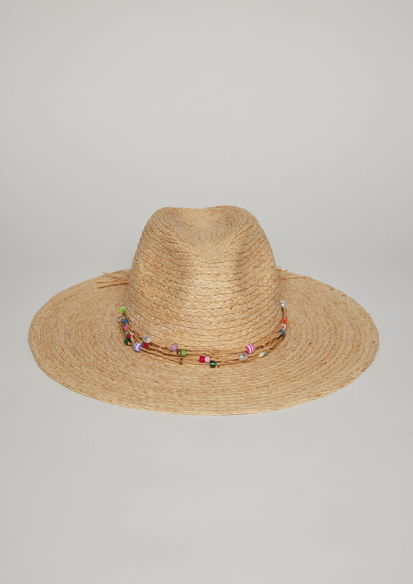 Front angle of straw hat with colorful bead trim
