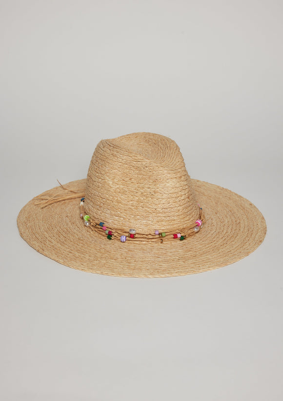 Straw hat with multi strand colorful bead trim