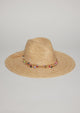 Straw hat with multi strand colorful bead trim