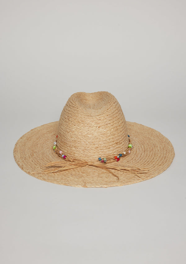 Back of fringed sun hat with colorful beaded trim