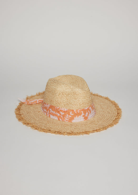 Straw hat with fringe detail on brim and orange floral fabric trim