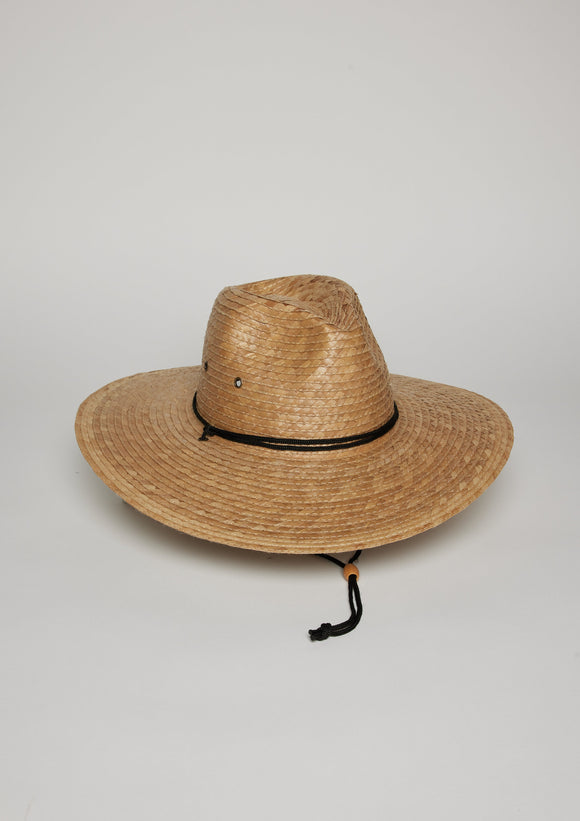 Straw sun hat with black trim and chinstrap