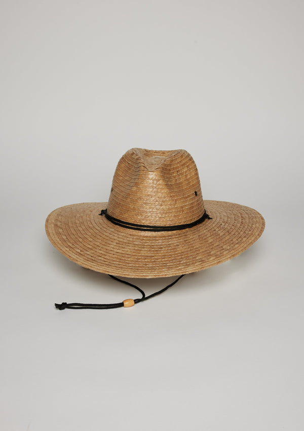 Straw sun hat with black trim and chinstrap detail