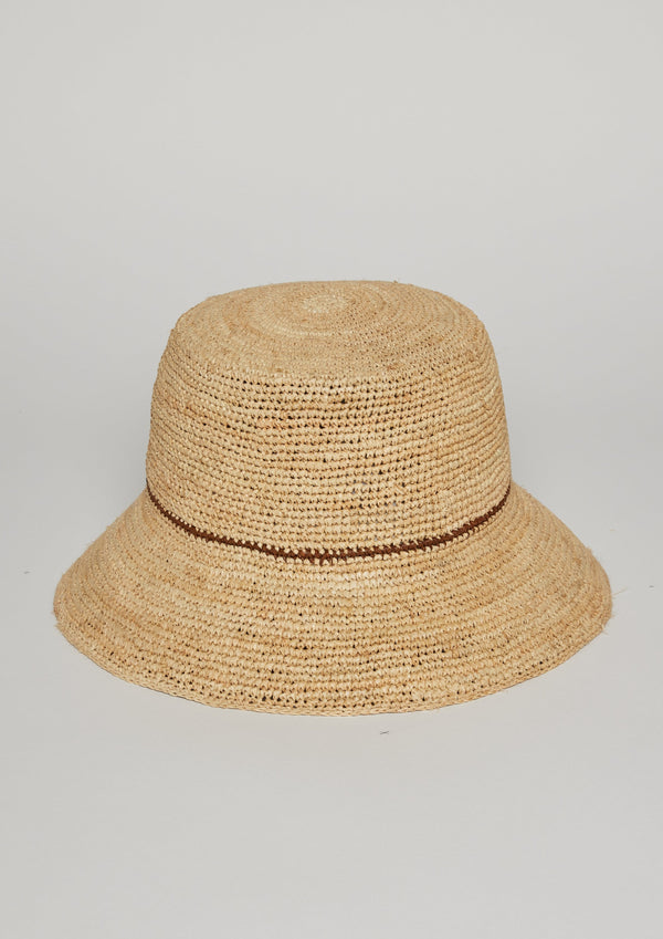 Natural straw bucket hat with brown stripe
