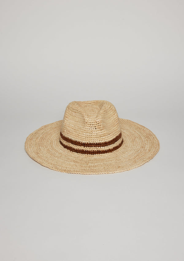 Front view of sun hat with doouble brown stripe detail