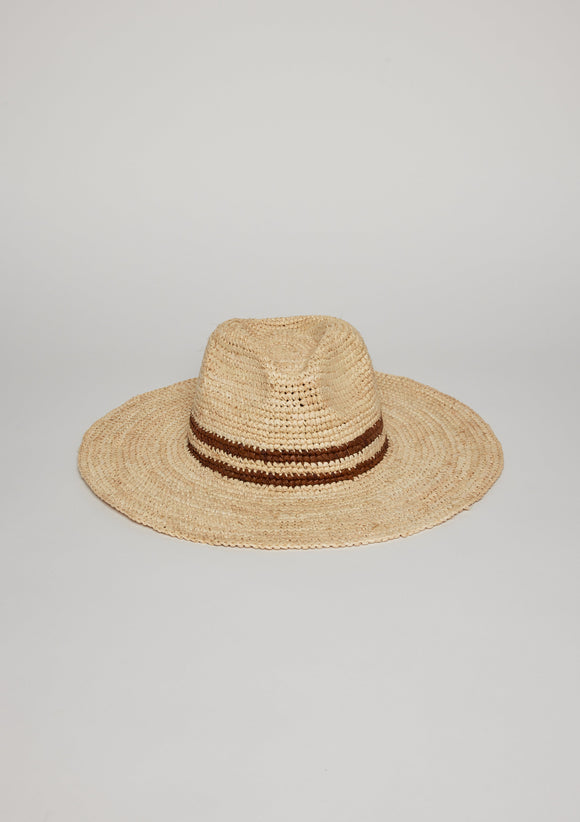 Front view of sun hat with doouble brown stripe detail