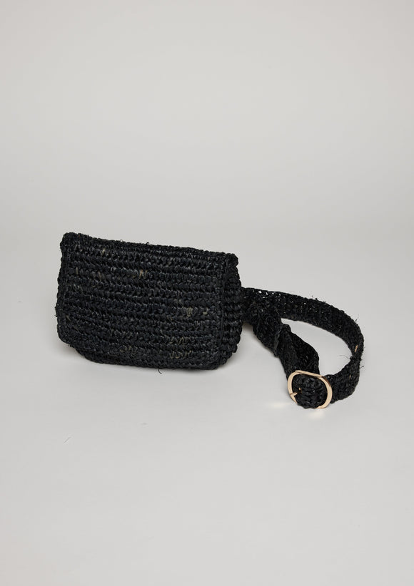 Black straw belt bag with buckle detail