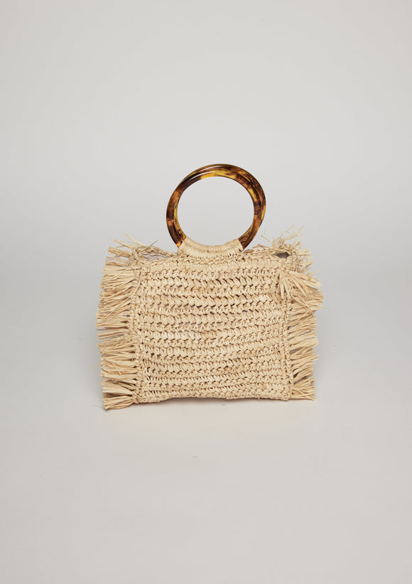Straw bag with fringed detail and round tortoise handles 