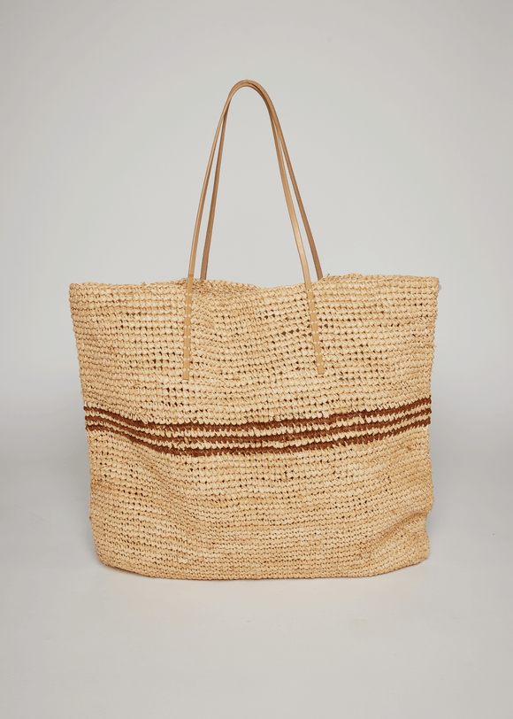 Raffia straw bag with brown stripes