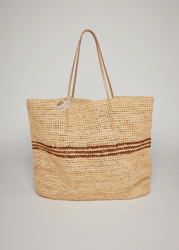 Straw tote with brown stripes and hat loop