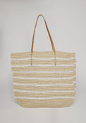 Straw tote with white stripes and leather handles