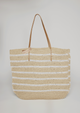 Straw tote with white stripes, leather handles and hat loop