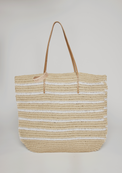 Straw tote with white stripes, leather handles and hat loop