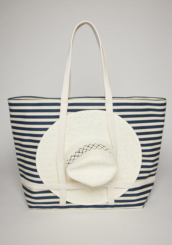 Navy and white striped tote with sun hat attached