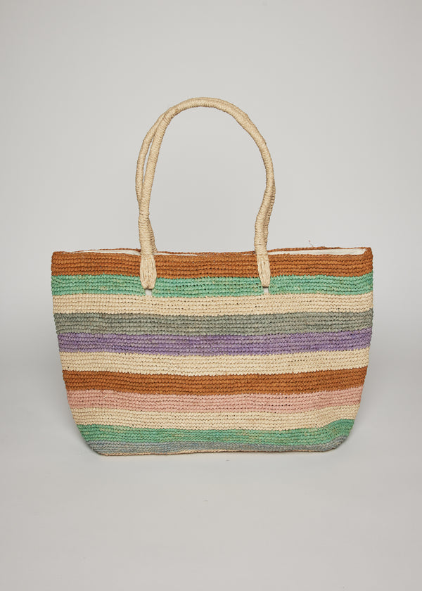 Straw tote with multi colored stripes