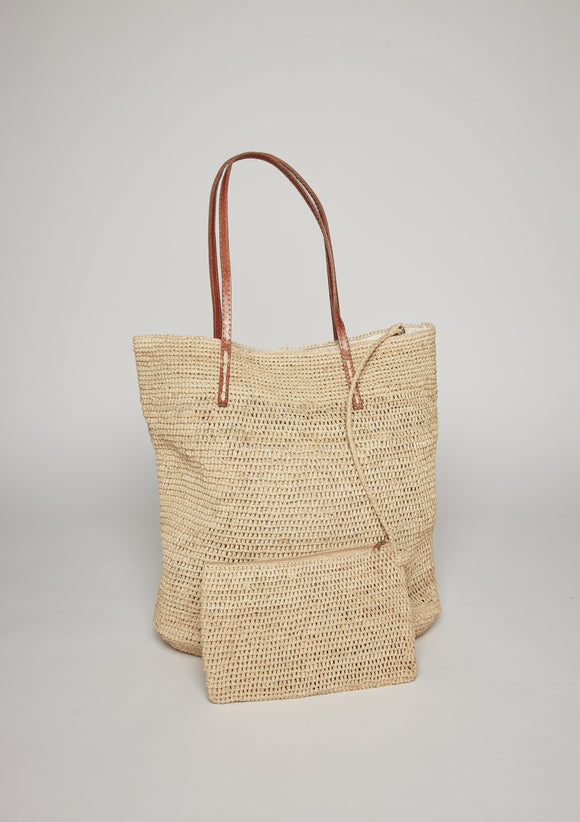Large rectangular raffia straw tote with matching small pouch