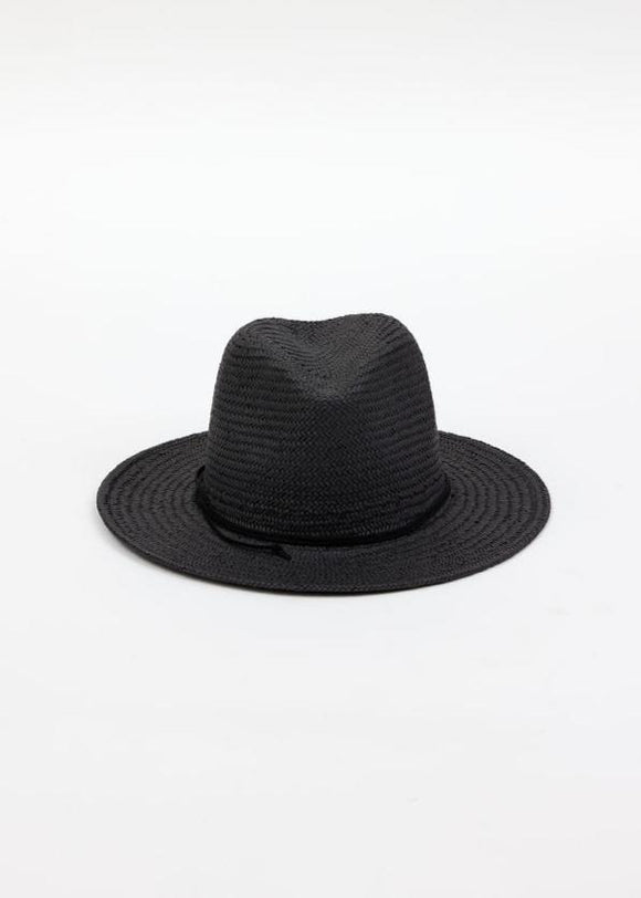 Black straw fedora with black trim