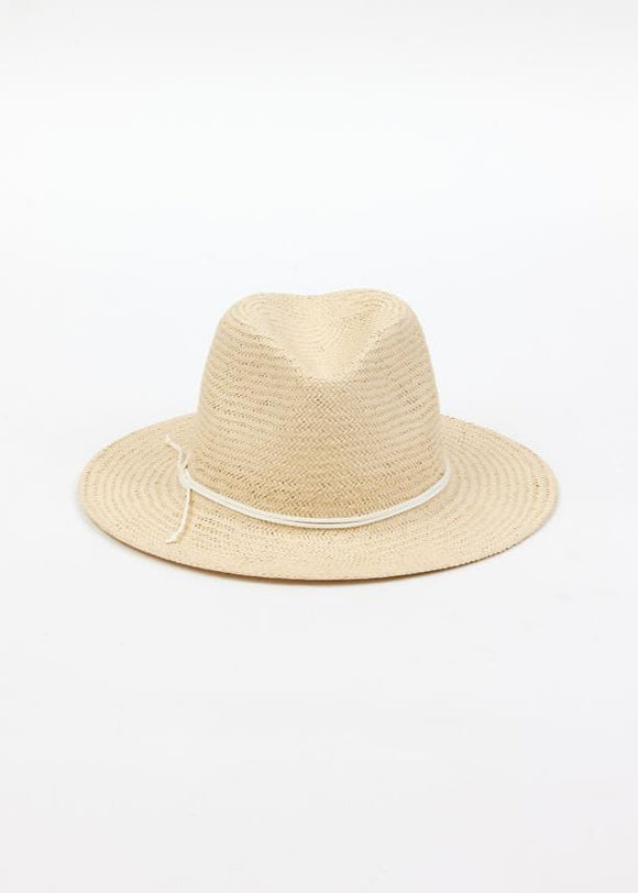 Natural colored straw fedora with white trim