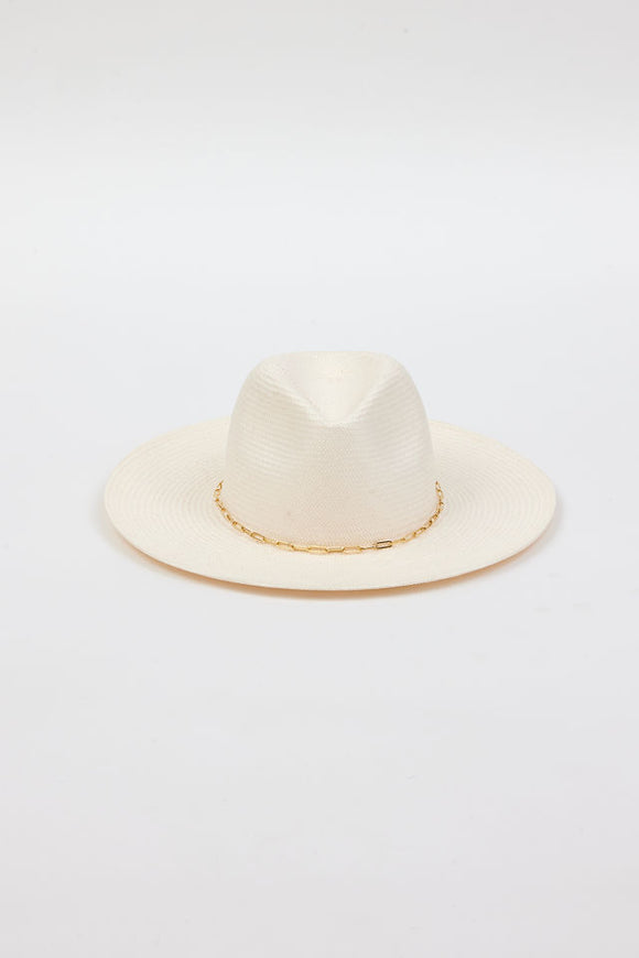 Front of white brimmed sunhat with gold trim