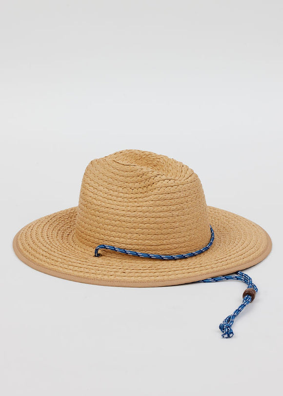 woven sunhat with blue chinstrap