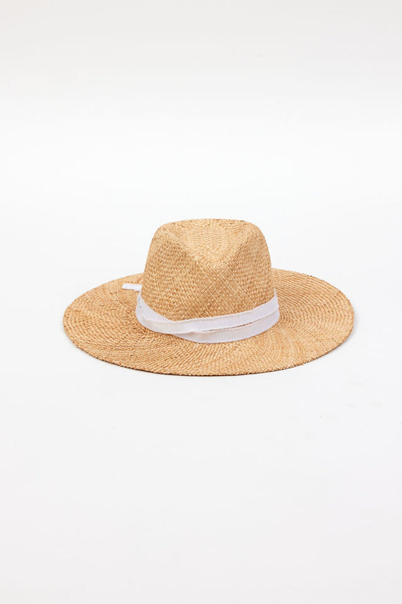 front angle of woven sunhat with white trim