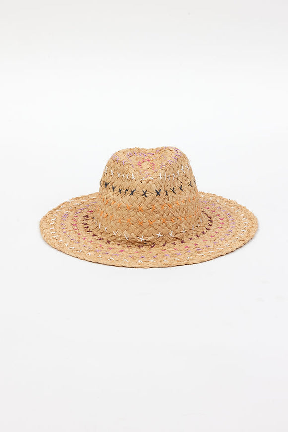 front angle of tan woven sunhat with colorful stitching