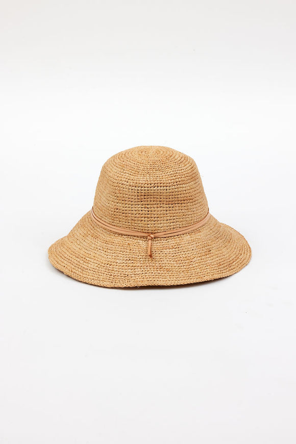 back of crocheted sunhat with tan PU leather trim