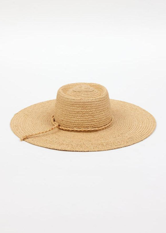 Back of brimmed straw sun hat with straw trim