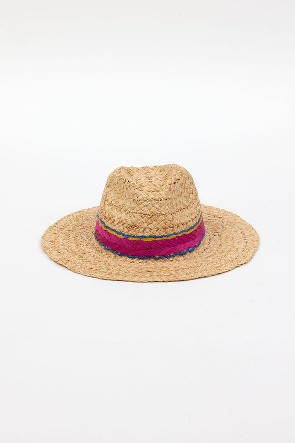 front angle of braided raffia sunhat with pink, yellow and blue trim