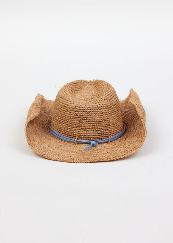 Back of raffia straw cowboy hat with blue wrap trim