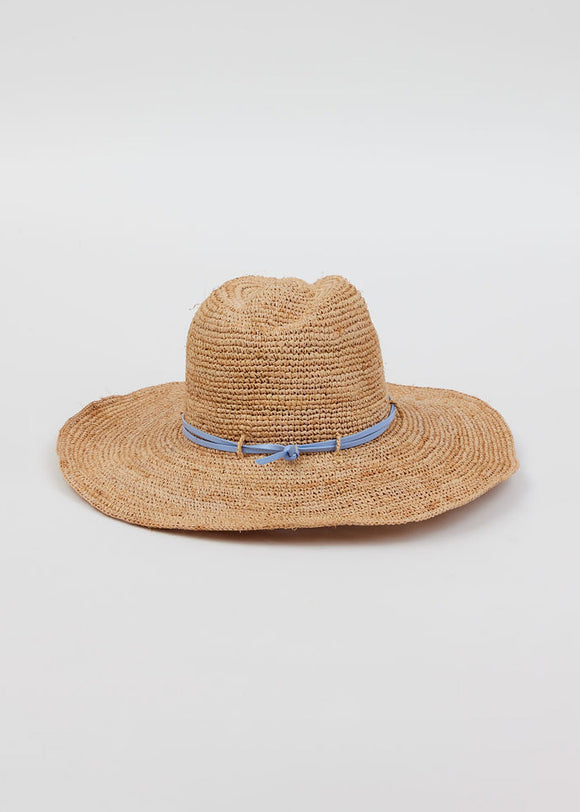 Back of raffia straw sun hat with blue wrap detail