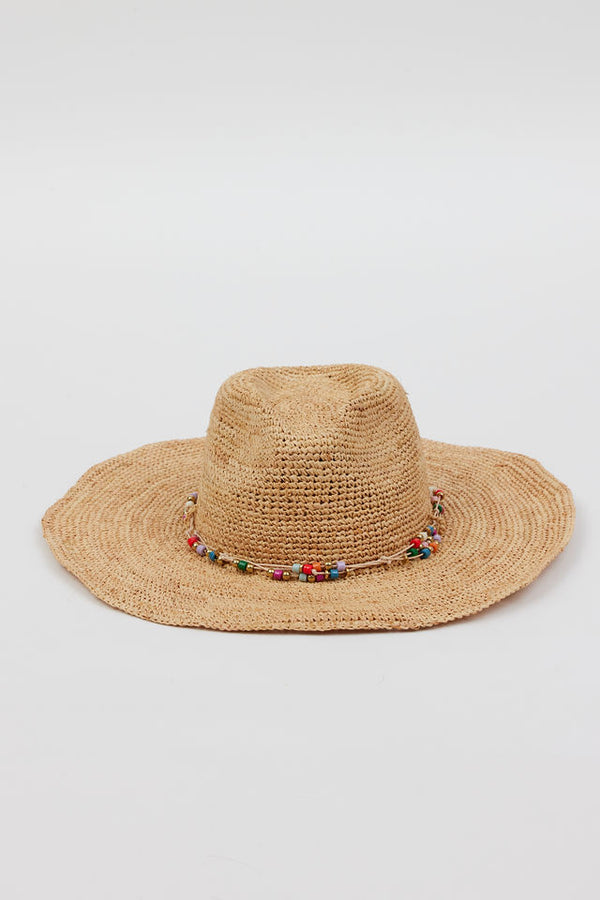 tan straw woven sunhat with multi colored beaded trim