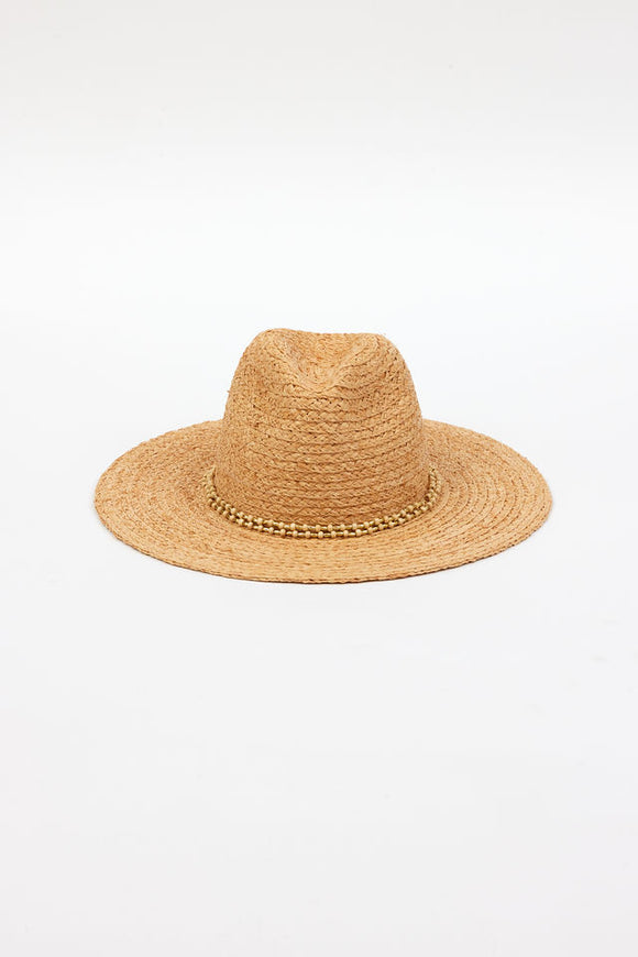 Front of braided raffia sunhat with gold trim