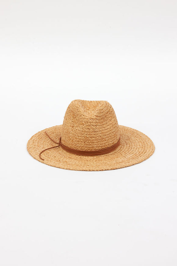 Front of braided raffia sunhat with brown trim