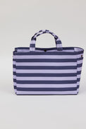 blue and lavender striped bag with snap closure