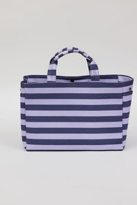 blue and lavender striped bag with snap closure
