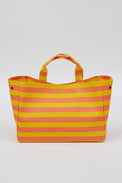 coral and yellow striped tote bag