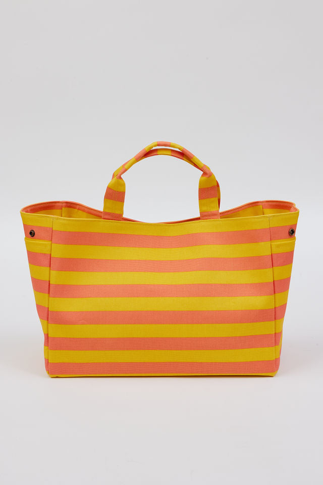 coral and yellow striped tote bag