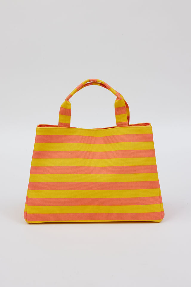 collapsed version of coral and yellow striped bag