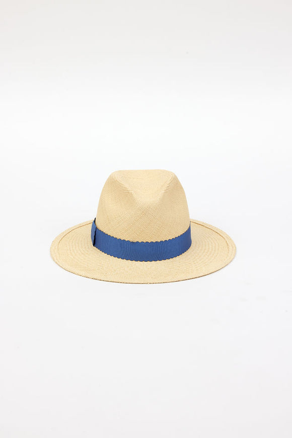 Front of straw panama hat with blue ribbon trim