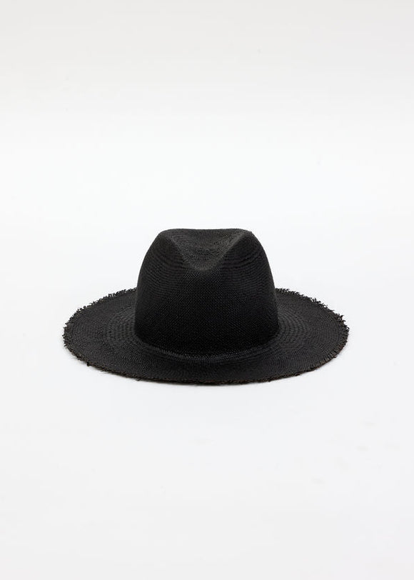 front of black straw panama hat with fringe